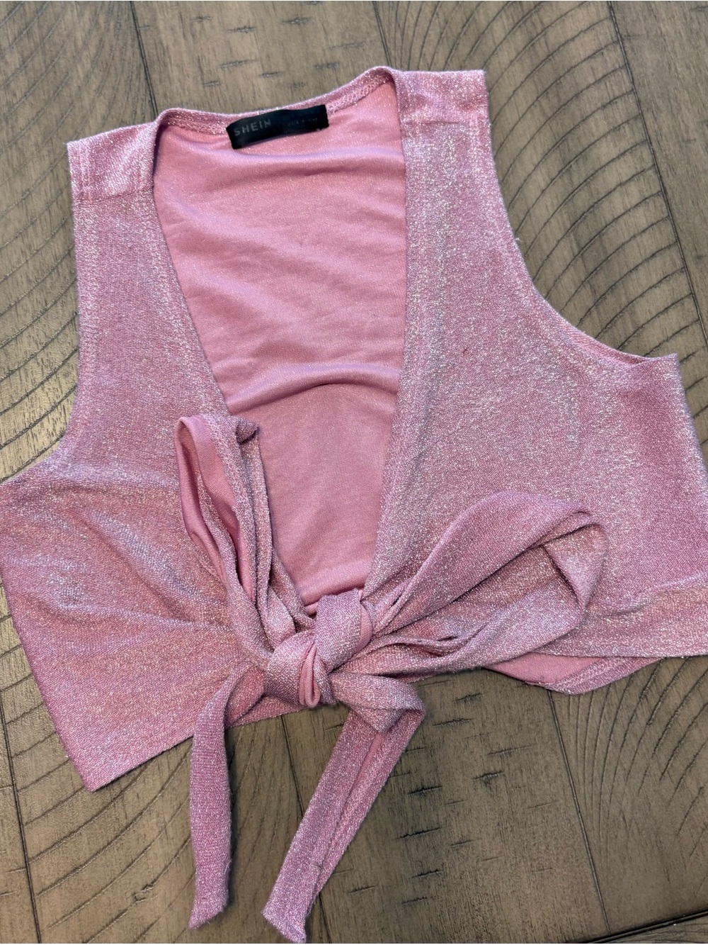 SHEIN Shimmery Rose Pink Tie-Front Crop Top